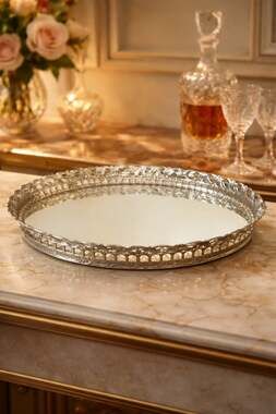 Vintage Ornate Oval Silver-Tone Filigree Vanity Mirror Tray